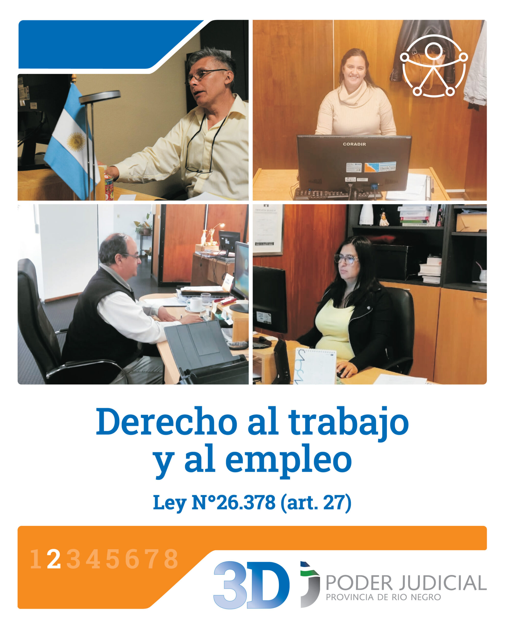 3 de diciembre, Día internacional de las personas con Discapacidad. Gráfica con distintas imágenes de personas con discapacidad que trabajan en el Poder Judicial. Derecho al trabajo y al empleo. 4% del cupo laboral. Concurso específico PCD. Inclusión de 10 personas con discapacidad en la 1er. Circunscripción. Realizando ajustes razonables para superar barreras. Garantizando accesibilidad. Inclusión laboral a 40 años de democracia.