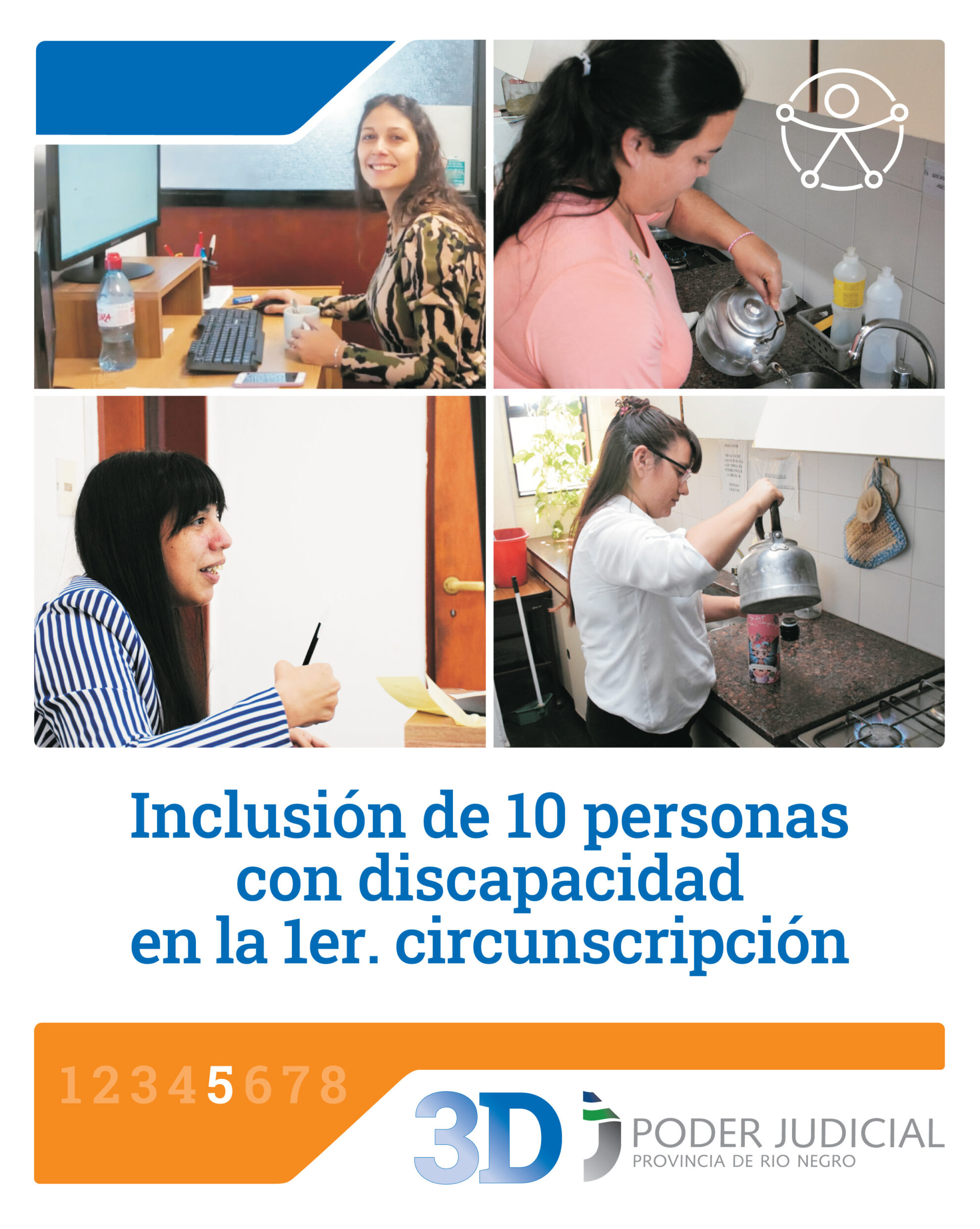 3 de diciembre, Día internacional de las personas con Discapacidad. Gráfica con distintas imágenes de personas con discapacidad que trabajan en el Poder Judicial. Derecho al trabajo y al empleo. 4% del cupo laboral. Concurso específico PCD. Inclusión de 10 personas con discapacidad en la 1er. Circunscripción. Realizando ajustes razonables para superar barreras. Garantizando accesibilidad. Inclusión laboral a 40 años de democracia.