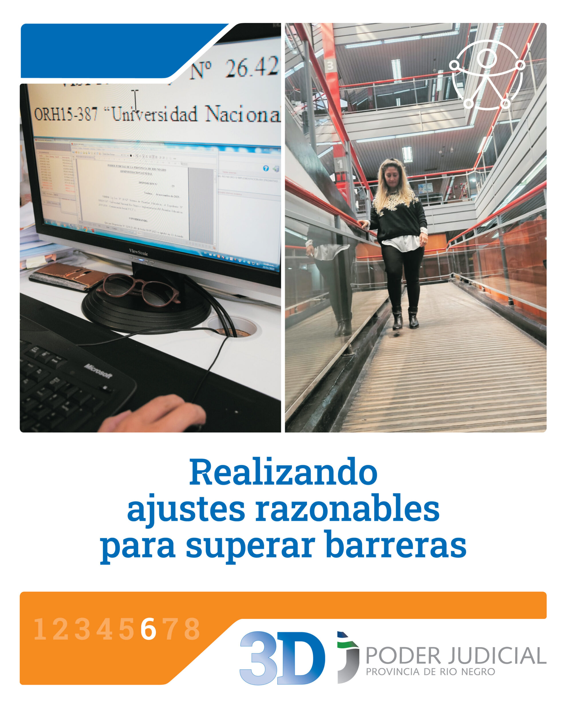 3 de diciembre, Día internacional de las personas con Discapacidad. Gráfica con distintas imágenes de personas con discapacidad que trabajan en el Poder Judicial. Derecho al trabajo y al empleo. 4% del cupo laboral. Concurso específico PCD. Inclusión de 10 personas con discapacidad en la 1er. Circunscripción. Realizando ajustes razonables para superar barreras. Garantizando accesibilidad. Inclusión laboral a 40 años de democracia.