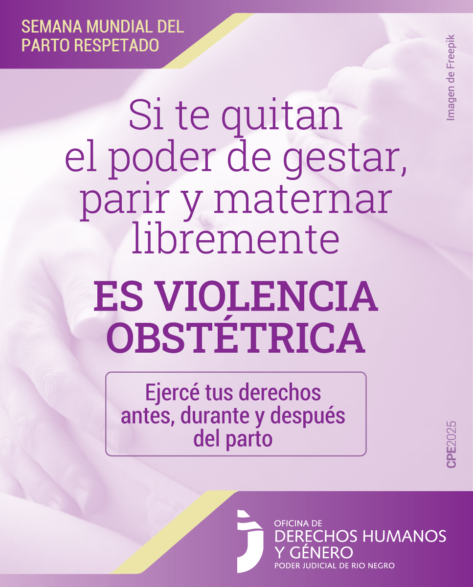 En la parte superior, sobre un fondo en tonos violetas, se lee en letras amarillas la frase: “semana mundial del parto respetado”.
En la parte central, se observa una fotografía en blanco y negro de una mujer embarazada acariciando su vientre. La imagen tiene un filtro violeta claro. En esta sección, se destaca  la frase: “Si te quitan el poder de gestar, parir y maternar libremente es violencia obstétrica ”.
Debajo, en un recuadro menciona la siguiente frase: “Ejercé tus derechos antes, durante y después del parto”.
En la parte inferior, se encuentra el logo de la Oficina de Derechos Humanos y Género del Poder Judicial del Río Negro.