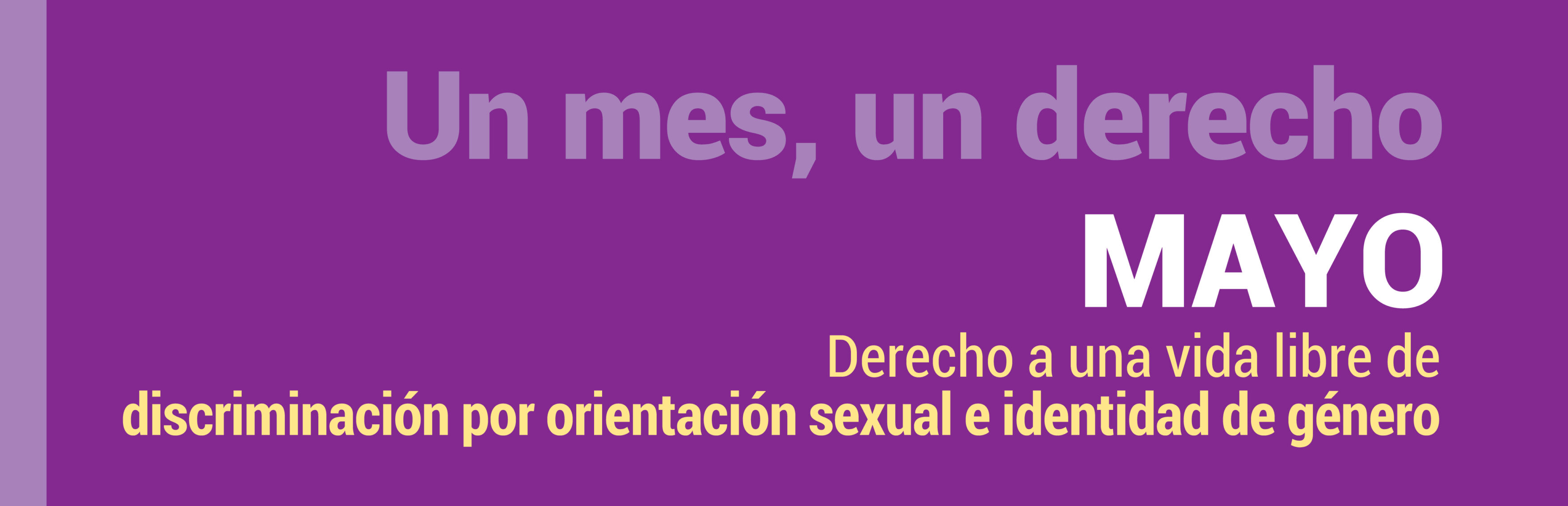 Banner inicial de campaña.
Se observa un cartel con fondo en tonos violetas. En el sector izquierdo, se destaca la frase “Un mes, un derecho”. La palabra mayo aparece en letras grandes y blancas. Debajo, en letras más pequeñas en color amarillo, se lee: “Derecho a una vida libre de discriminación por orientación sexual e identidad de género”.