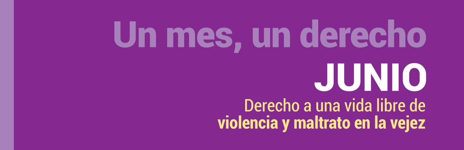Banner inicial de campaña.
Se observa un cartel con fondo en tonos violetas. En el sector izquierdo, se destaca la frase “Un mes, un derecho”. La palabra junio aparece en letras grandes y blancas. Debajo, en letras más pequeñas en color amarillo, se lee: “Derecho a una vida libre de violencia y maltrato en la vejez”.