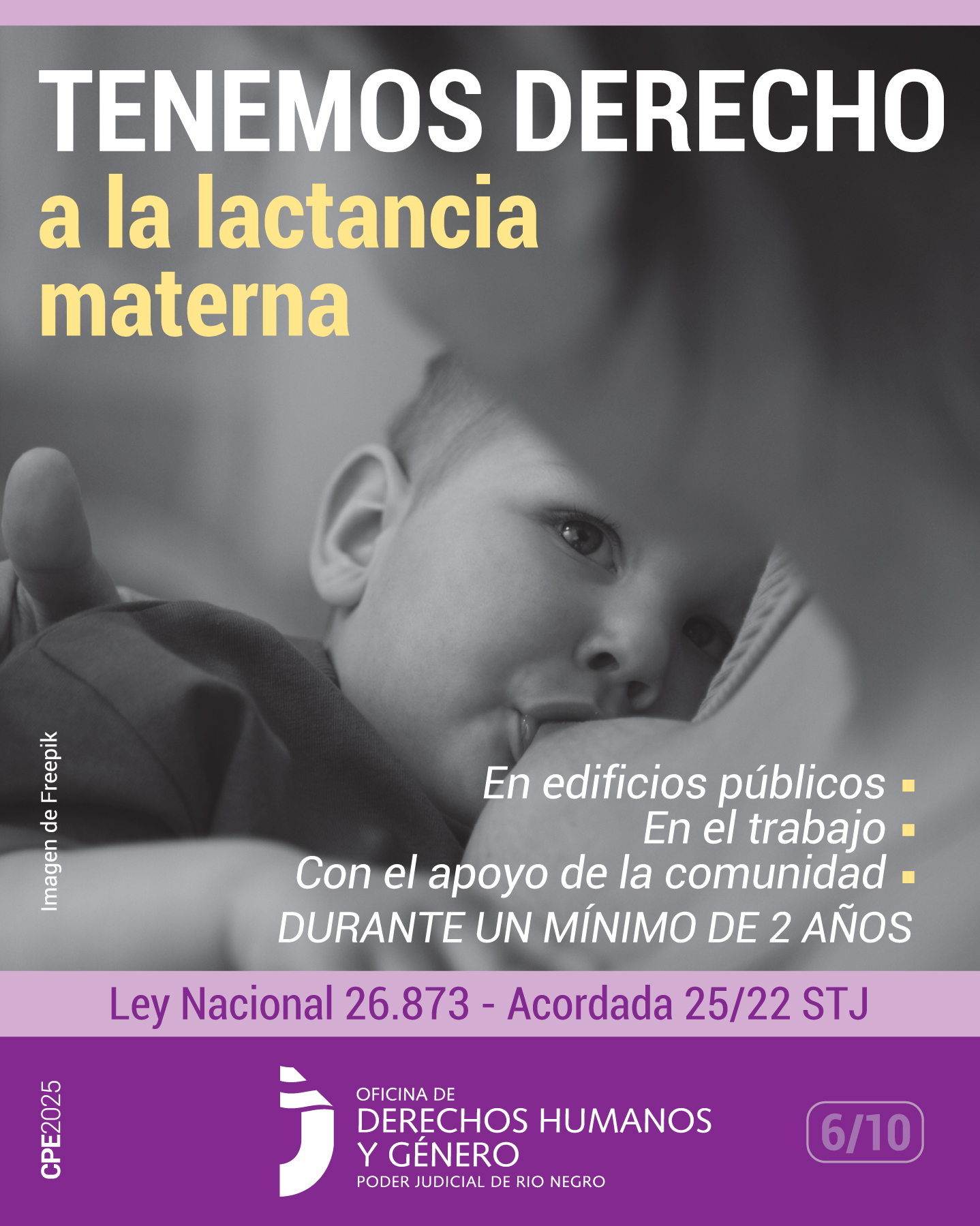 Se observa la fotografía en blanco y negro que muestra una madre amamantando a un niño en brazos. El niño tiene alrededor de un año de edad y está haciendo contacto visual con su mamá.
A la izquierda de la imagen aparece en color blanco y amarillo la frase: “Tenemos derecho a la lactancia materna”. 
Debajo de la frase, en el extremo inferior derecho, se menciona la enumeración: “en edificios públicos, en el trabajo y con el apoyo de la comunidad. Durante un mínimo de 2 años”.
Por debajo, en el centro en una franja de color violeta claro, se menciona la Ley Nacional N° 26873 y la Acordada 25/22 STJ.
En el sector inferior, en tono violeta oscuro se ubica el logo de la Oficina de Derechos Humanos y Género del Poder Judicial del Río Negro.