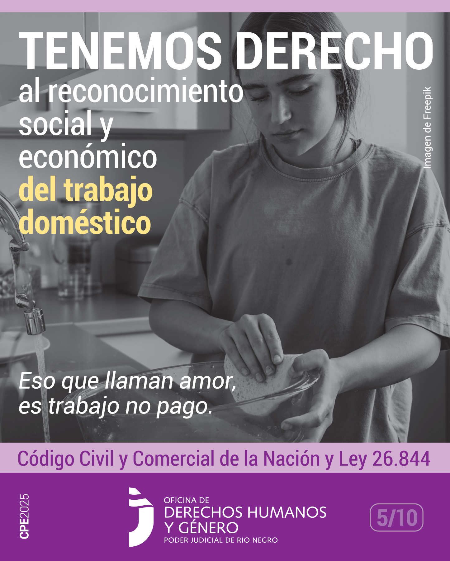 Se observa la fotografía de una mujer joven, vestida con una remera holgada y lisa, que está limpiando una cacerola. Su rostro expresa cierto desgano ante la tarea que realiza. En la parte superior izquierda de la imagen  aparece la frase: “Tenemos derecho al reconocimiento social y económico del trabajo doméstico”.
Debajo de esa frase hay otra, en letras de menor tamaño, que dice: “Eso que llaman amor, es trabajo no pago”.
Ambas frases están escritas en letras blancas. En amarillo se destaca la expresión “trabajo doméstico”.
Debajo, en una banda de color violeta claro, se menciona normativa referida al derecho consagrado: el Código Civil y Comercial de la Nación y la Ley Nacional N° 26844.
En el parte inferior de la imagen se ubica el logo de la Oficina de Derechos Humanos y Género del Poder Judicial del Río Negro.