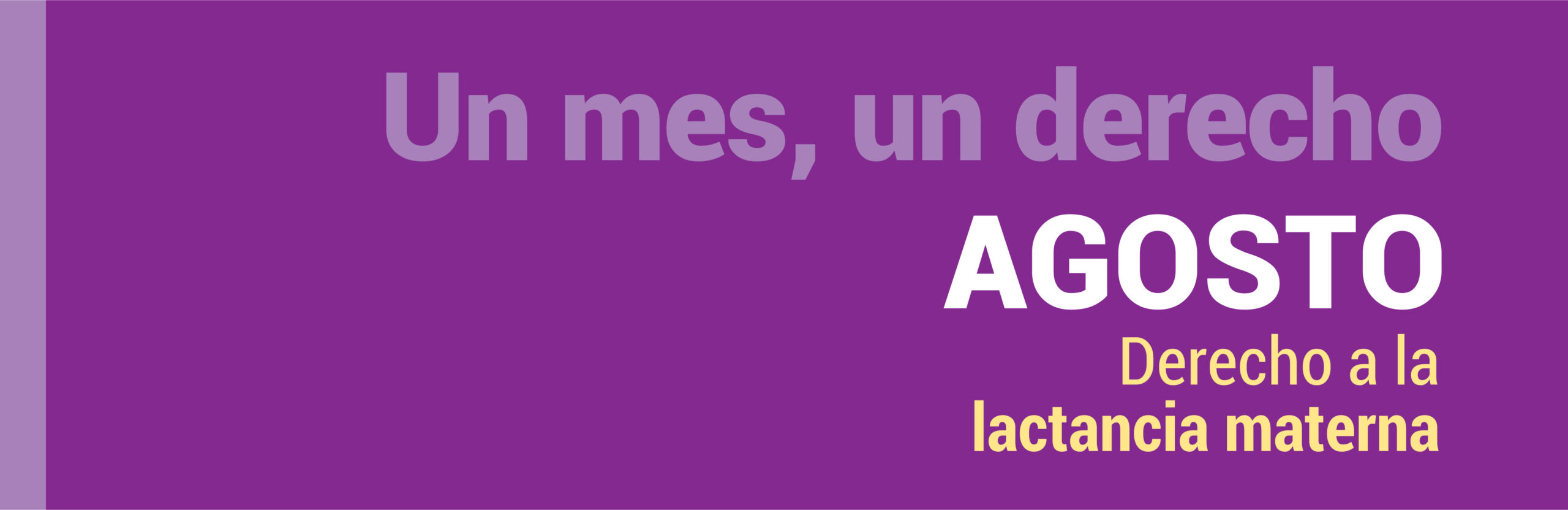 Banner inicial de campaña.
Se observa un cartel con fondo en tonos violetas. En el sector izquierdo, se destaca la frase “Un mes, un derecho”. La palabra agosto aparece en letras grandes y blancas. Debajo, en letras más pequeñas en color amarillo, se lee: “Derecho a la lactancia materna”.