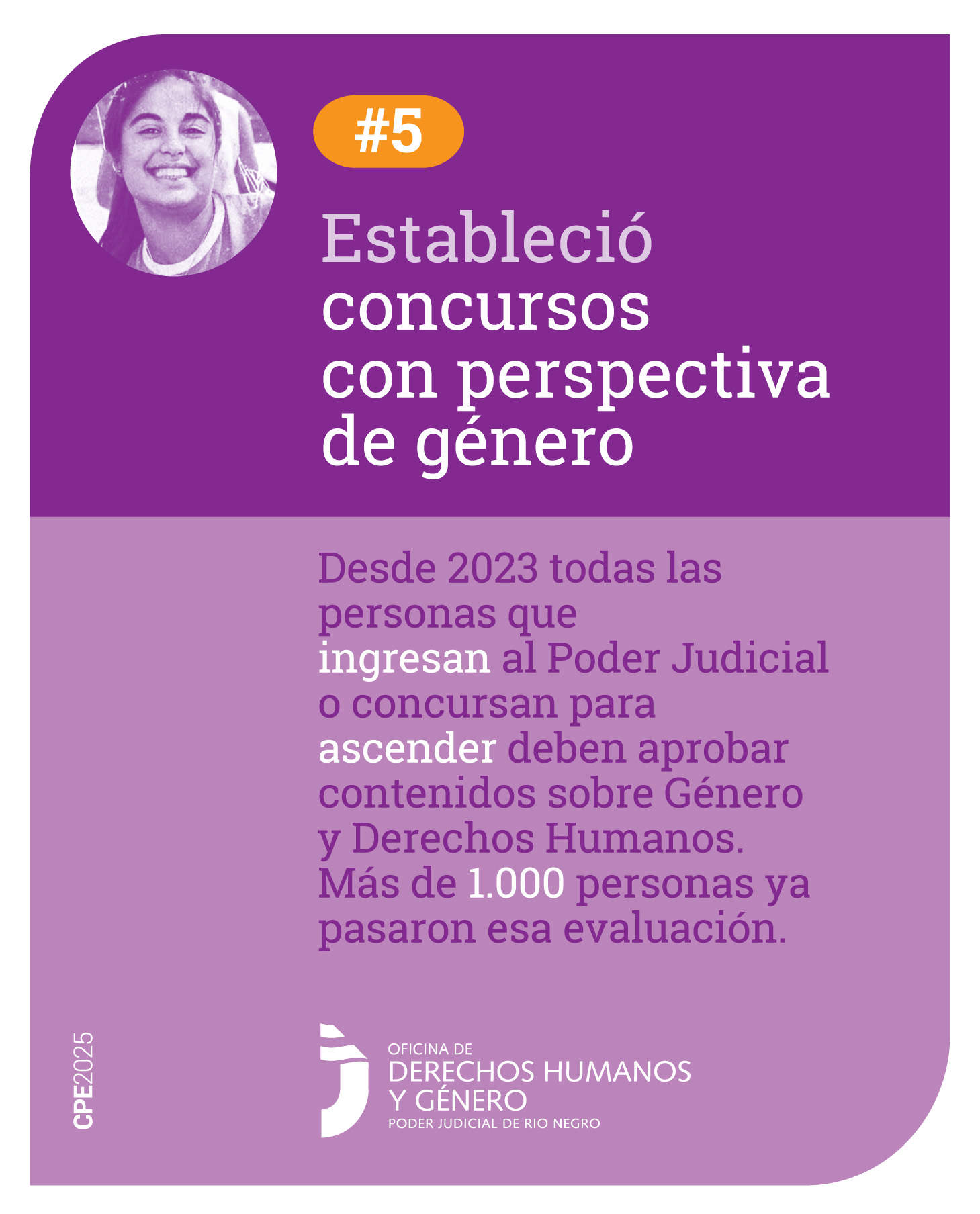 Tiene en su parte superior un fondo violeta, hacia la izquierda la imagen de Micaela García. A su lado el símbolo numeral y el número 5. De forma centrada está la frase: “Estableció concursos con Perspectiva de Género”. Hacia abajo sobre un fondo violeta claro dice: “Desde el año 2023 todas las personas que ingresan al Poder Judicial o concursan para ascender deben aprobar contenidos sobre Género y Derechos Humanos. Más de 1.000 personas ya pasaron esa evaluación”. Al pie, se encuentra el logo de la Oficina de Derechos Humanos y Género.
