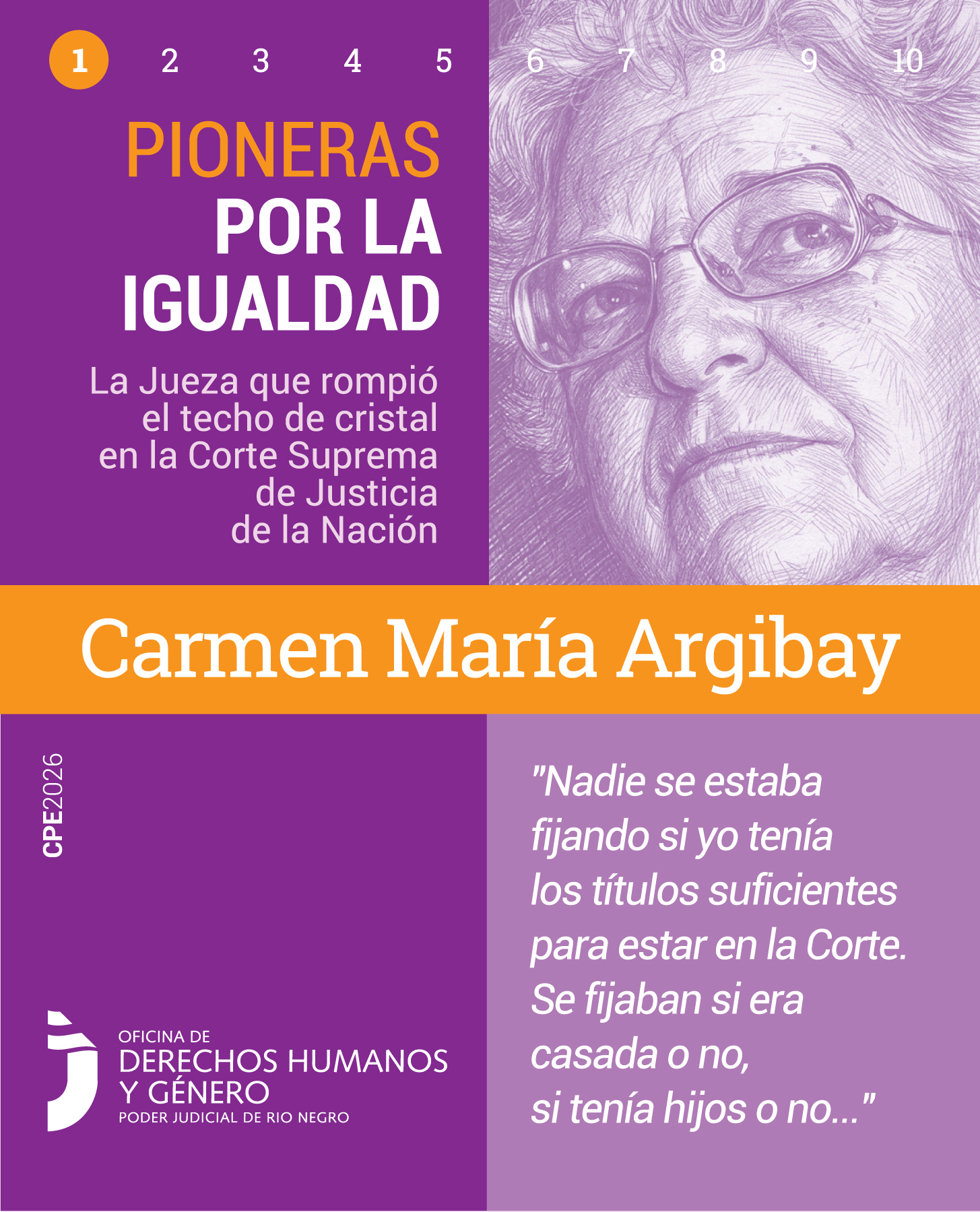 Pieza gráfica de formato vertical de la campaña "Pioneras por la Igualdad". En la parte superior izquierda, se observa de forma destacada el número 1 dentro de un círculo naranja. Abajo, el título de la campaña: "PIONERAS POR LA IGUALDAD" seguido del texto: "La Jueza que rompió el techo de cristal en la Corte Suprema de Justicia de la Nación".
En el cuadrante superior derecho, se encuentra el retrato ilustrado de Carmen María Argibay: una mujer, con cabello corto rizado y anteojos de marco grueso y rectangular.
En el centro, cruzando todo el afiche, una franja naranja resalta su nombre en tipografía blanca y gruesa: "Carmen María Argibay".
En el cuadrante inferior derecho, sobre un fondo lila claro, se lee la siguiente cita textual de la jueza: "Nadie se estaba fijando si yo tenía los títulos suficientes para estar en la Corte. Se fijaban si era casada o no, si tenía hijos o no...". En el cuadrante inferior izquierdo se ubica el logo de la Oficina de Derechos Humanos y Género del Poder Judicial de Río Negro.