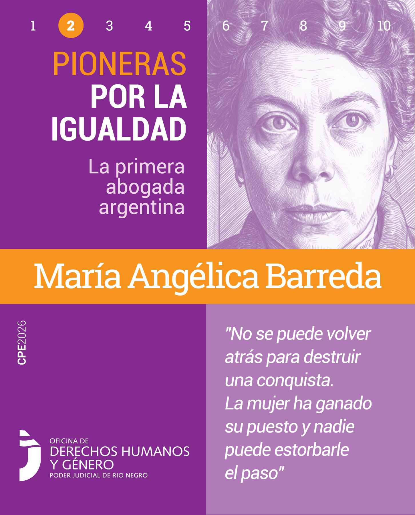Pieza gráfica de formato vertical de la campaña "Pioneras por la Igualdad". En el margen superior izquierdo aparece una secuencia numérica del 1 al 2, teniendo el número 2 destacado dentro de un círculo naranja. Debajo, se lee el título de la campaña: "PIONERAS POR LA IGUALDAD" y la mención: "La primera abogada argentina".
En la parte superior derecha, se presenta el retrato de época de María Angélica Barreda en su juventud, con el cabello oscuro peinado hacia atrás con ondas y una mirada fija y expresiva hacia el frente.
Dividiendo el diseño, una franja horizontal naranja contiene su nombre en letras blancas: "María Angélica Barreda".
En el cuadrante inferior derecho, sobre fondo lila claro, figura su cita: "No se puede volver atrás para destruir una conquista. La mujer ha ganado su puesto y nadie puede estorbarle el paso". El sector inferior izquierdo contiene la firma institucional de la Oficina de Derechos Humanos y Género del Poder Judicial de Río Negro.